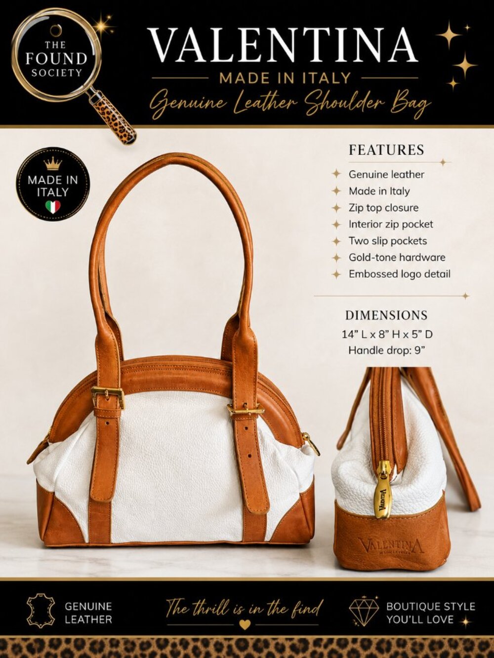 Valentina Made in Italy Genuine Leather Shoulder Bag White & Cognac Gold Hardwar
